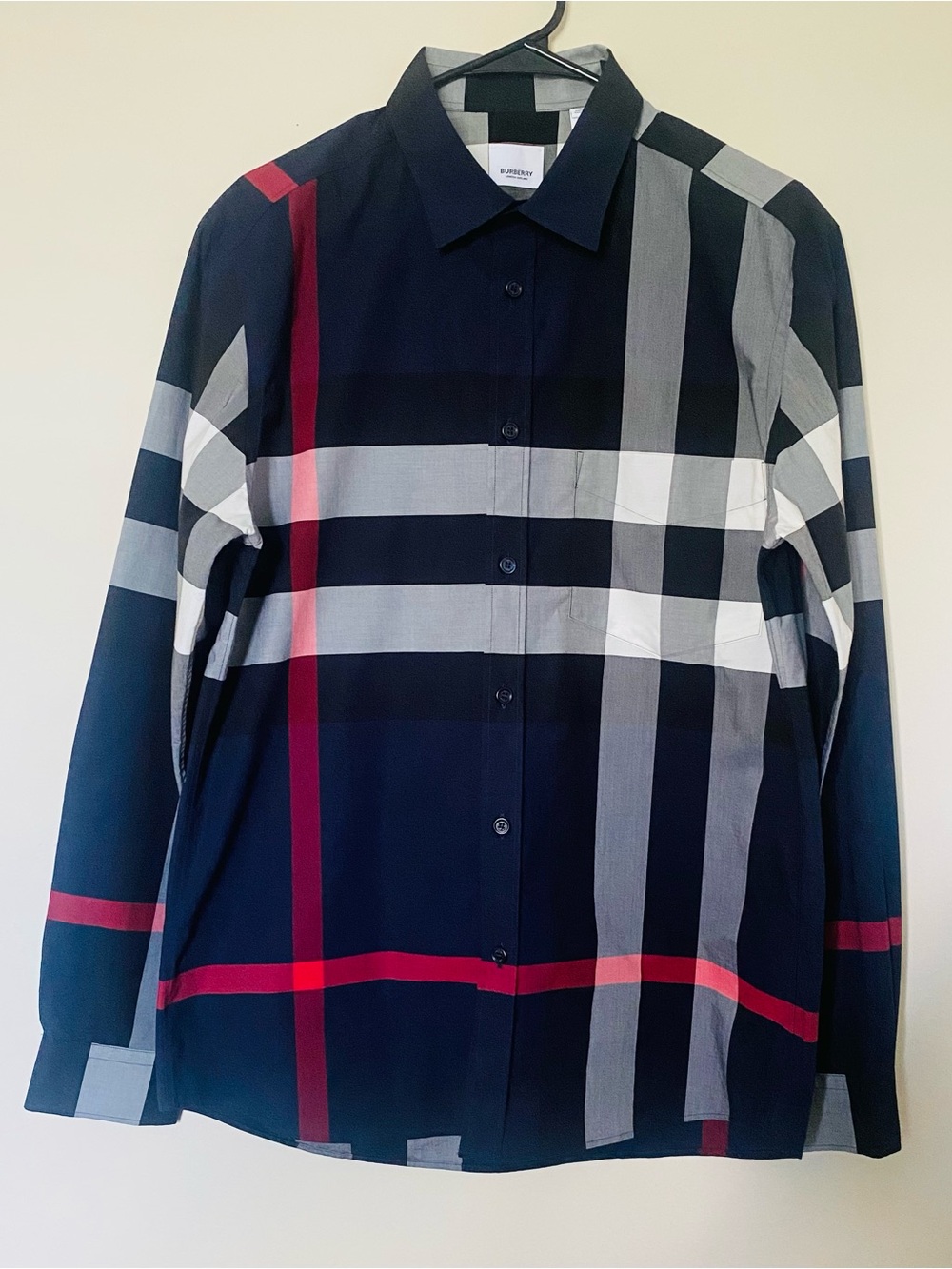 ABurberry Mens Somerton Giant Check Stretch Cotton Shirt Navy Blue Sz L 8018111